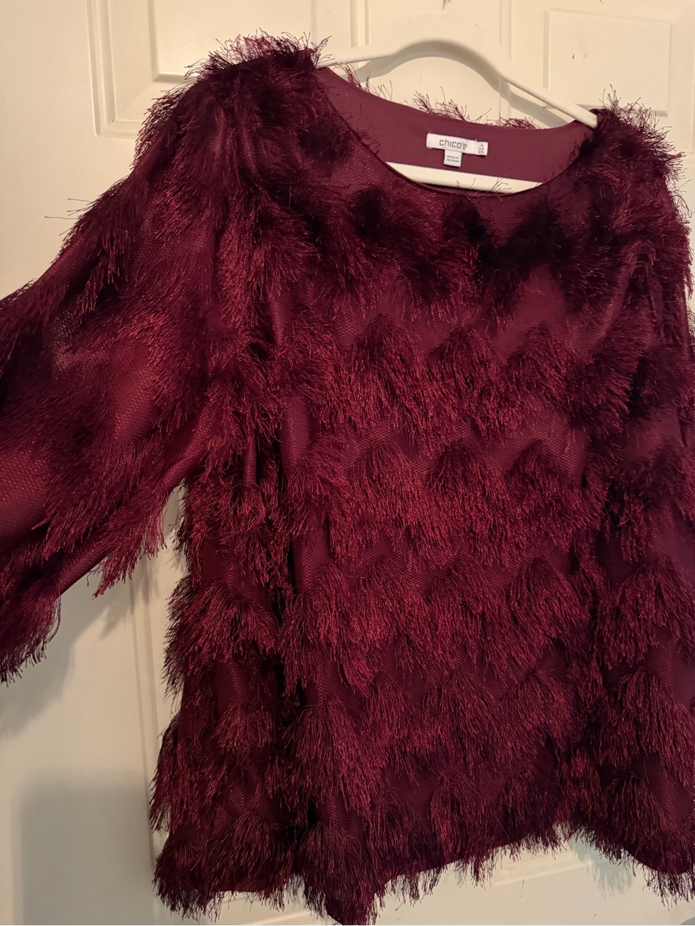 Chico's Burgundy chevron Fringe Long Sleeve Shirt